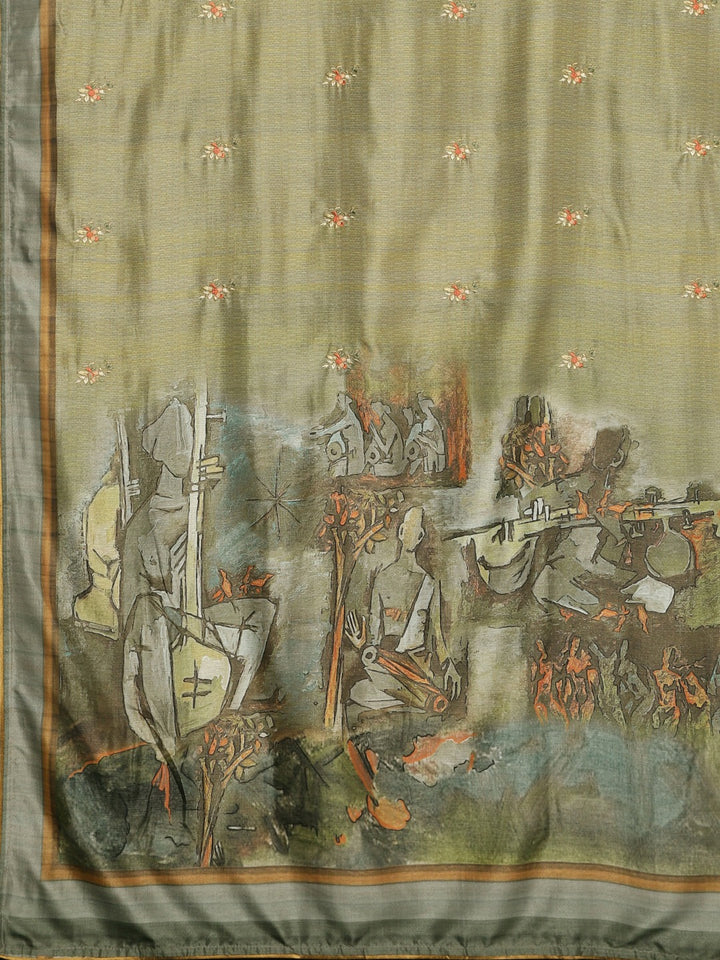 Neerus Olive Printed Saree With Blouse
