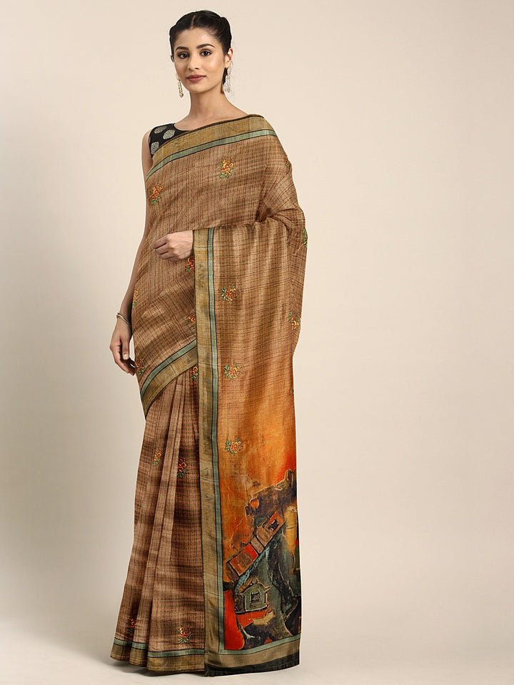 Neerus Brown georgette printed saree with blouse - front view