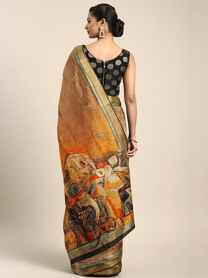 Neerus Brown georgette printed saree with blouse - back view