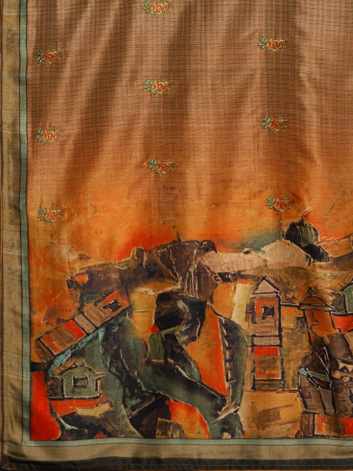 Neerus Brown georgette printed saree with blouse - detail view 1
