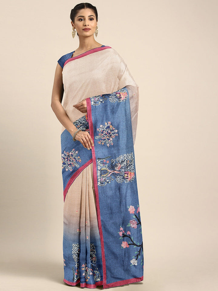Neerus Beige Printed Saree With Blouse