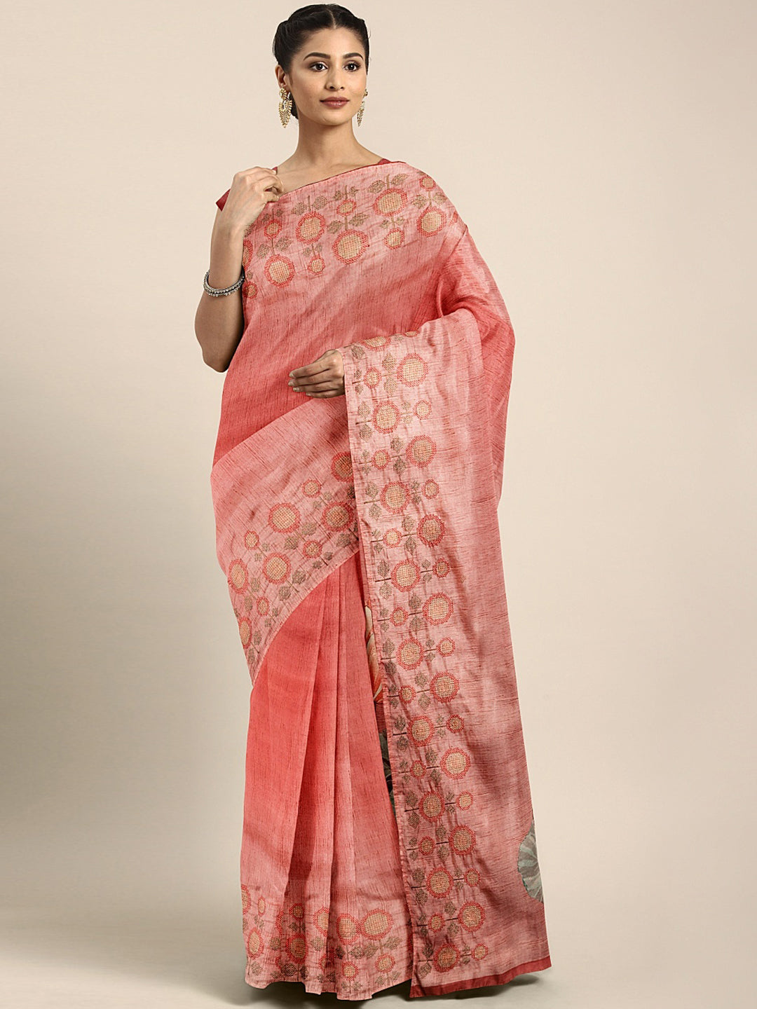 Neerus Peach Printed Saree With Blouse
