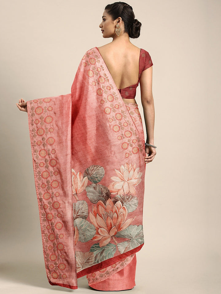 Neerus Peach Printed Saree With Blouse