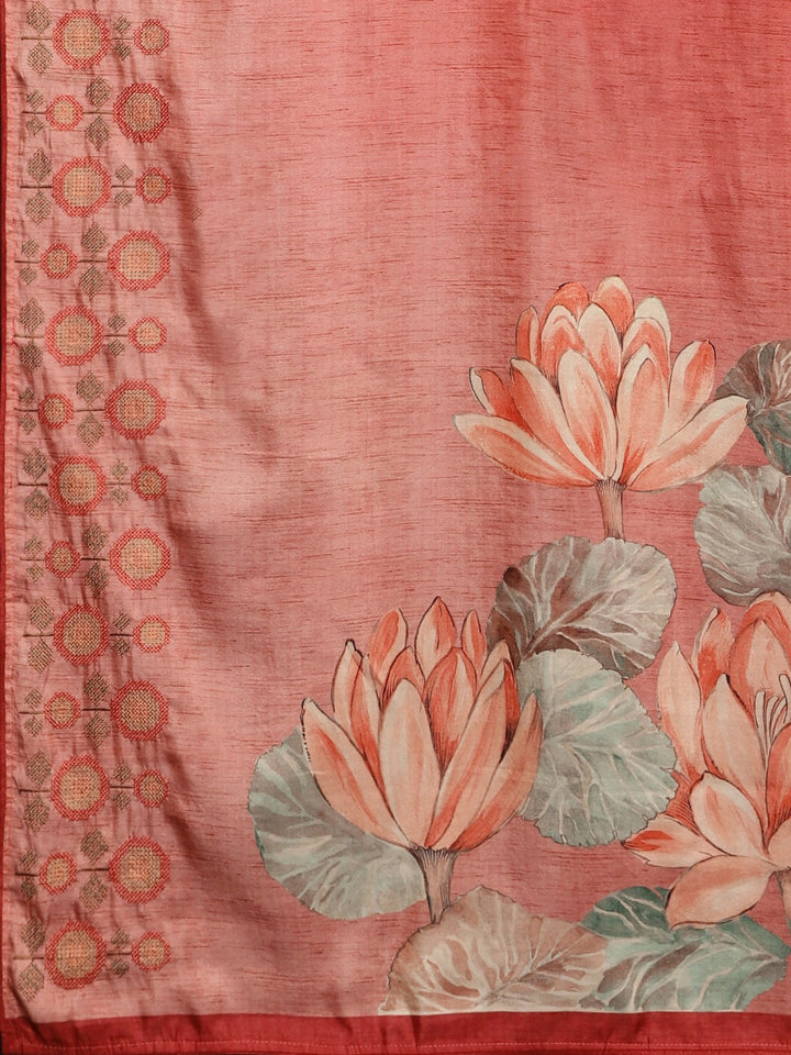 Neerus Peach Printed Saree With Blouse