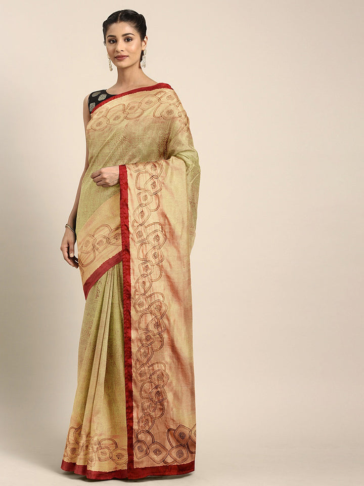 Neerus Green Printed Saree With Blouse
