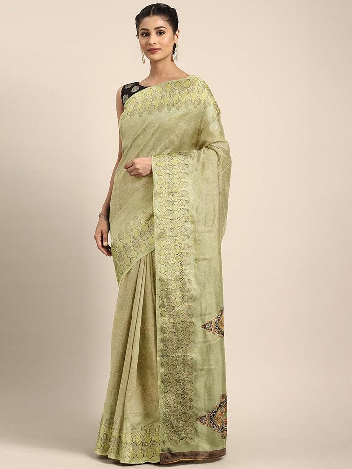 Neerus Green Printed Saree With Blouse