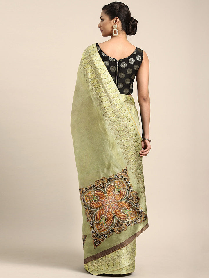 Neerus Green Printed Saree With Blouse