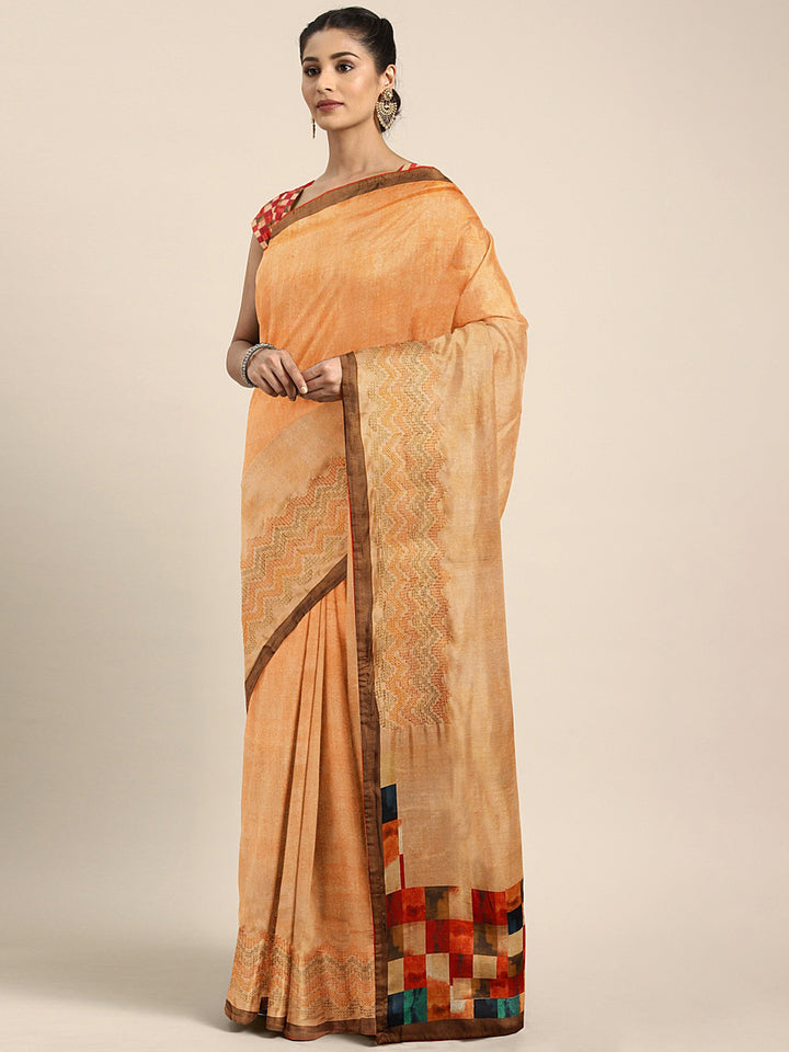 Neerus Apricot Printed Saree With Blouse