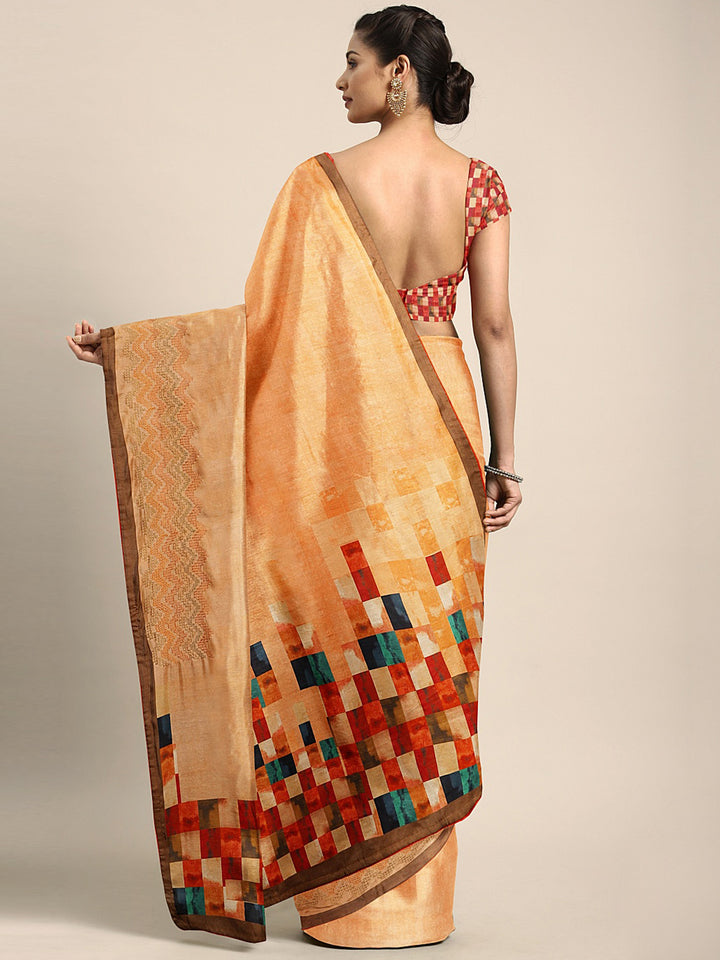 Neerus Apricot Printed Saree With Blouse