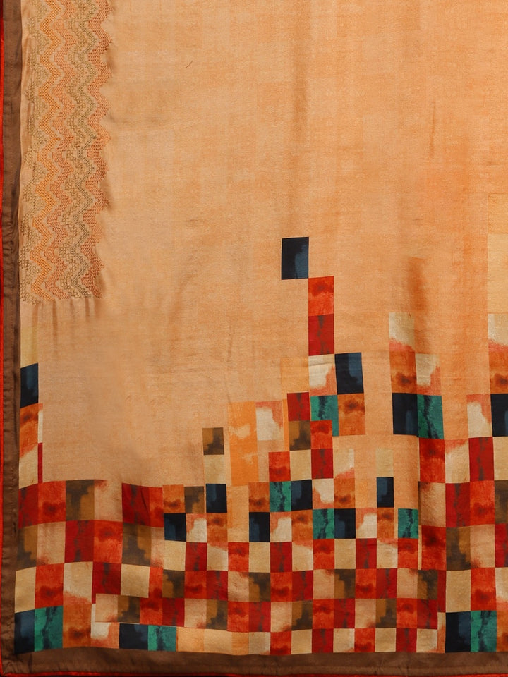 Neerus Apricot Printed Saree With Blouse