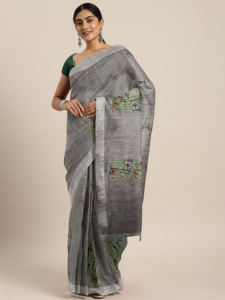 Neerus Grey Georgette Printed Saree with Blouse - front view