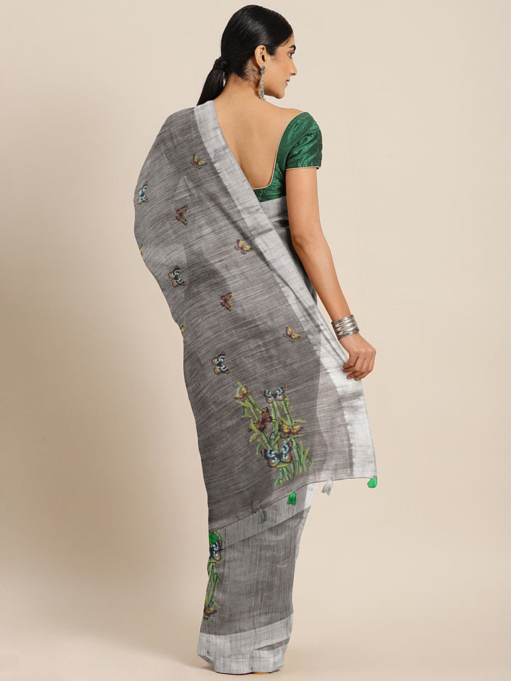 Neerus Grey Georgette Printed Saree with Blouse - back view