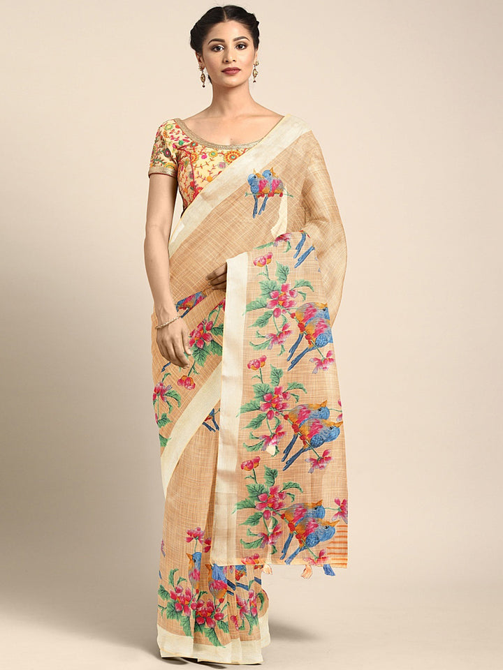 Neerus Beige Printed Saree With Blouse