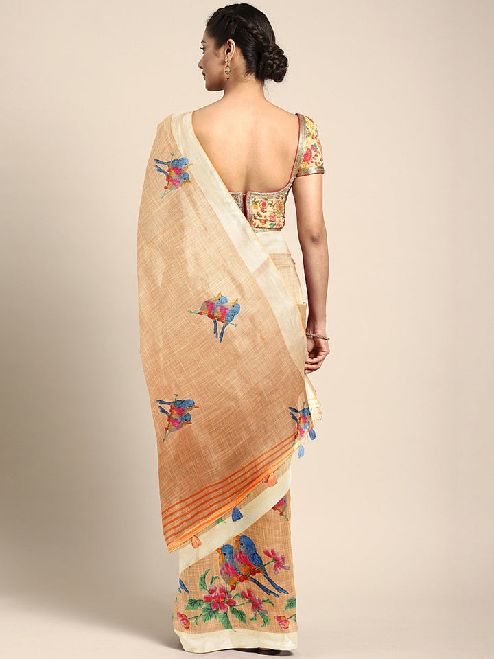 Neerus Beige Printed Saree With Blouse