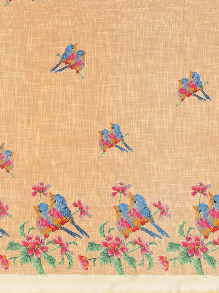 Neerus Beige Printed Saree With Blouse