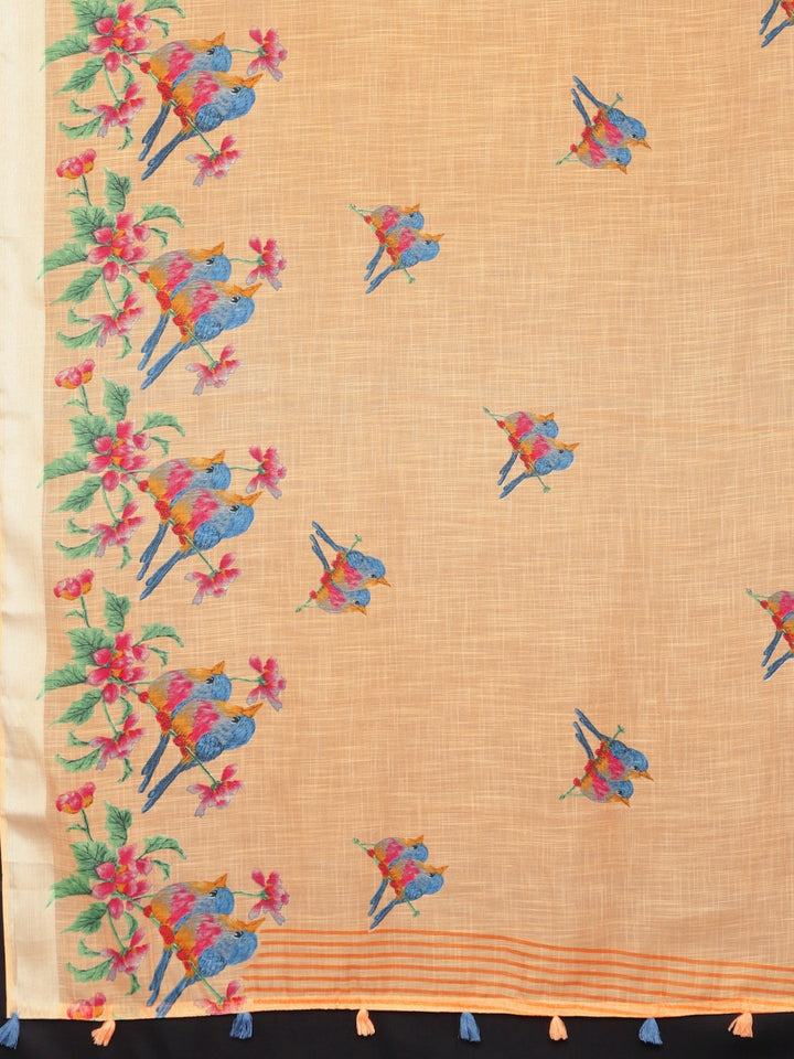 Neerus Beige Printed Saree With Blouse