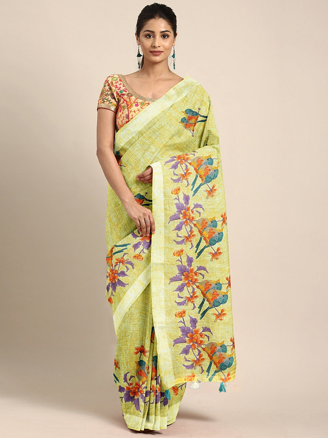 Neerus Green Printed Saree With Blouse