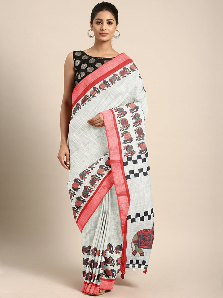 Neerus Offwhite Color Linen Blend Fabric Saree With Blouse Piece