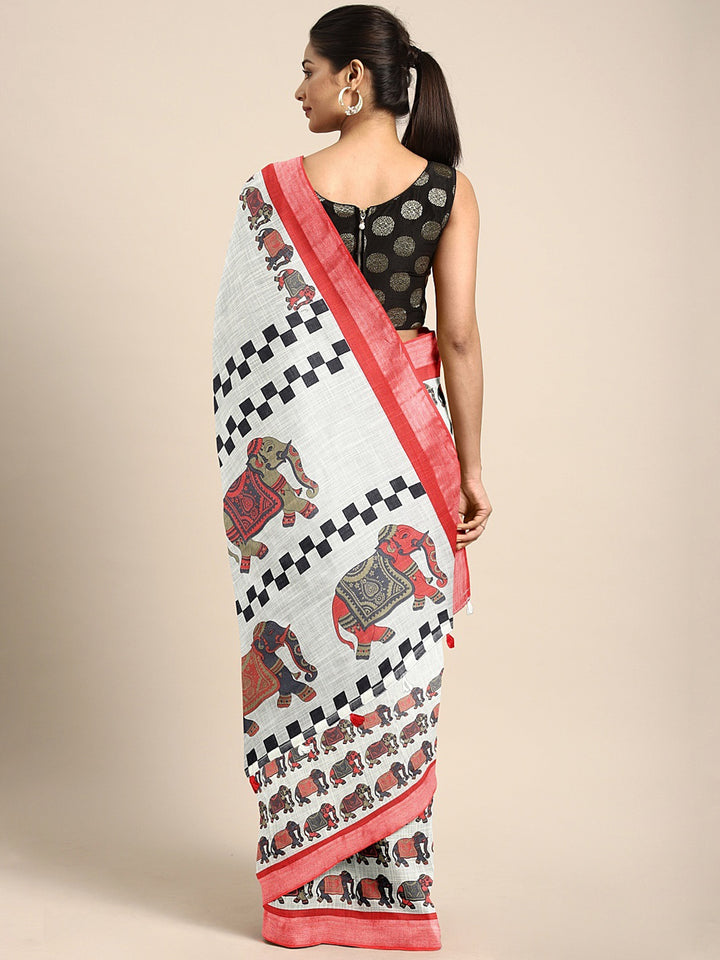 Neerus Offwhite Color Linen Blend Fabric Saree With Blouse Piece