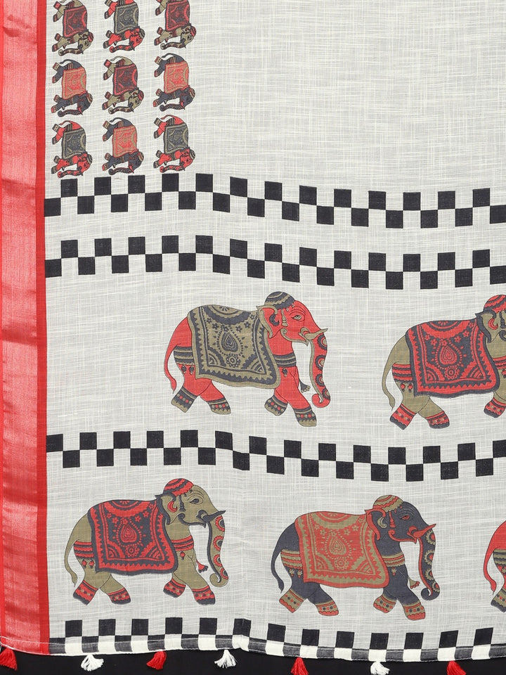 Neerus Offwhite Color Linen Blend Fabric Saree With Blouse Piece