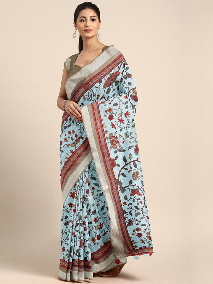 Neerus Blue Printed Saree With Blouse