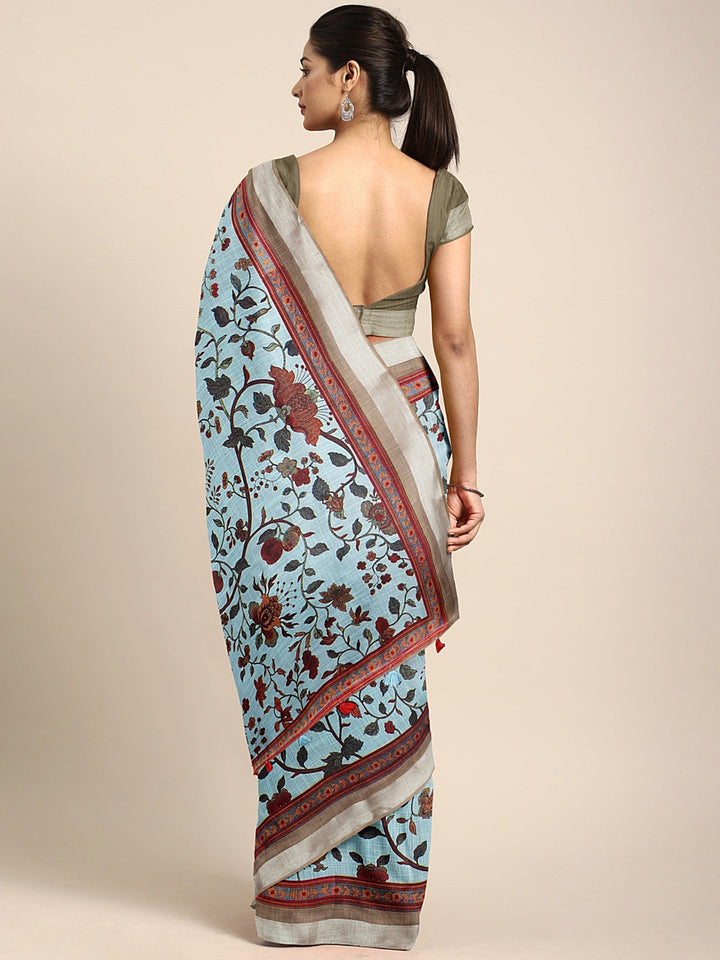 Neerus Blue Printed Saree With Blouse