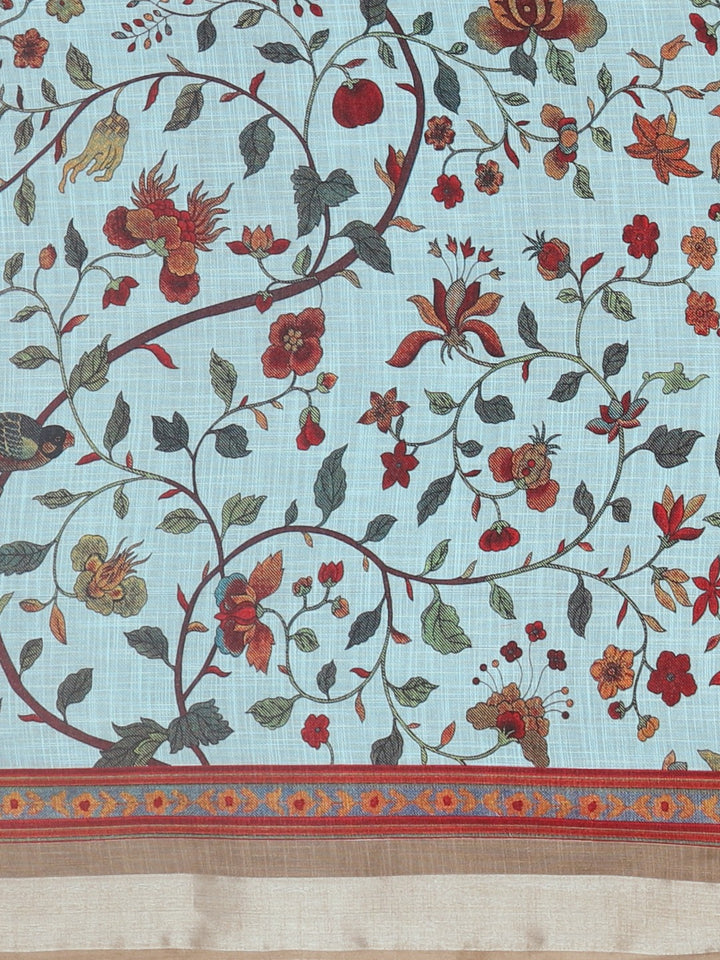 Neerus Blue Printed Saree With Blouse