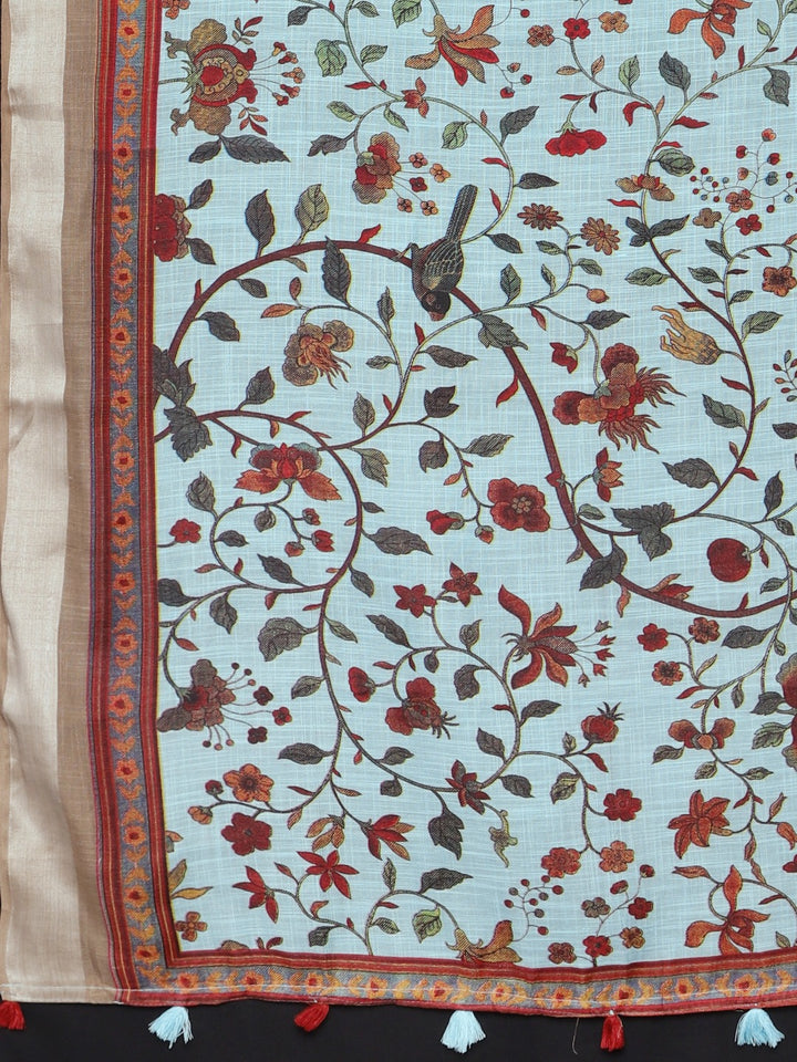 Neerus Blue Printed Saree With Blouse