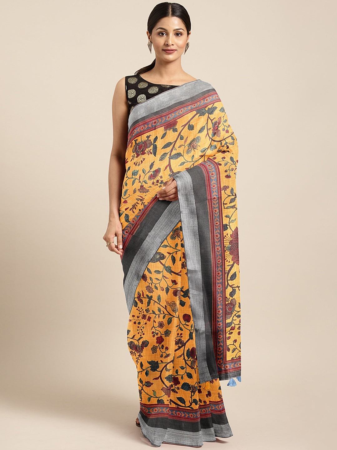 Neerus Yellow Printed Saree With Blouse