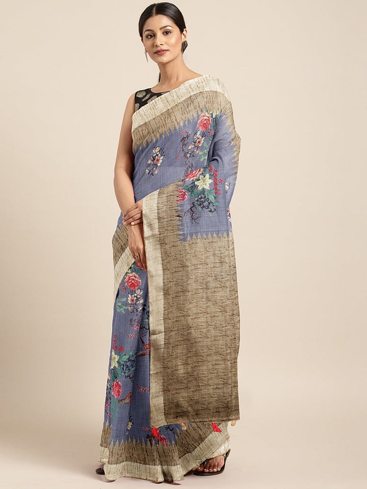 Neerus Blue georgette printed saree with blouse piece - front view