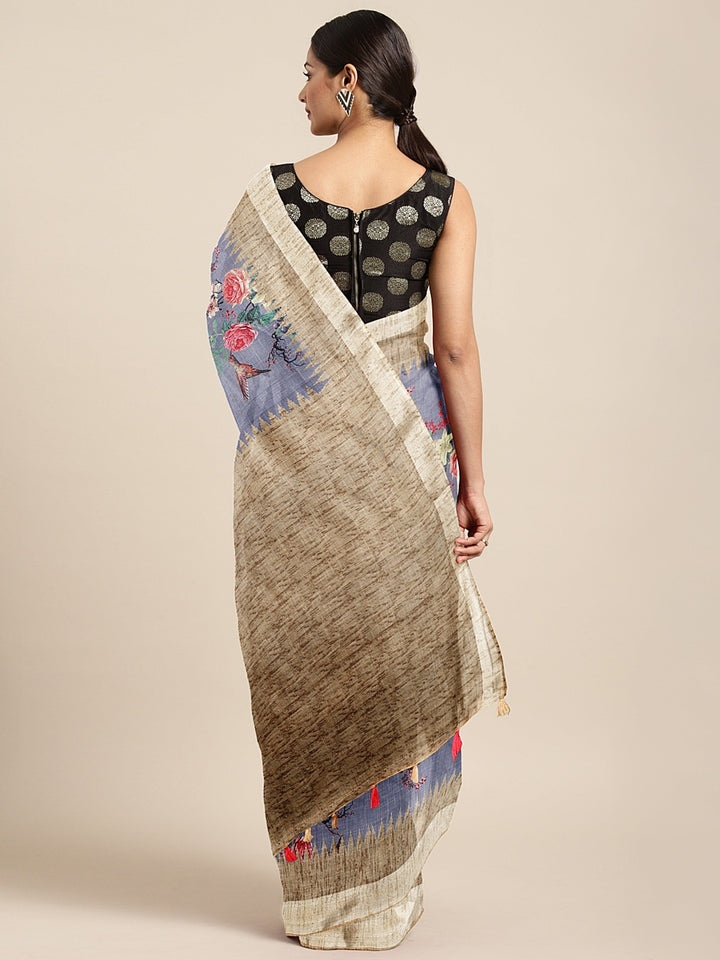 Neerus Blue georgette printed saree with blouse piece - back view