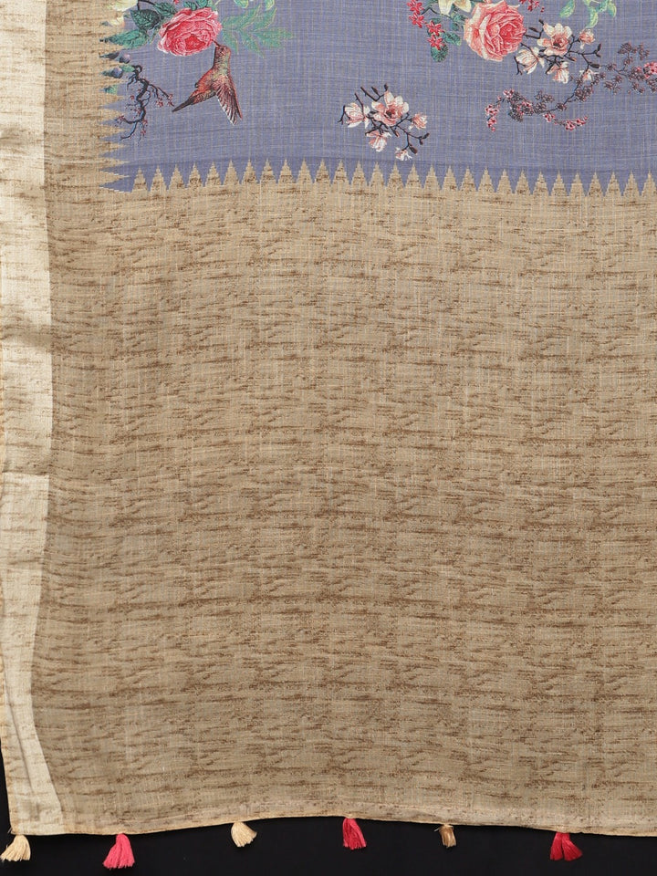 Neerus Blue georgette printed saree with blouse piece - detail view 1