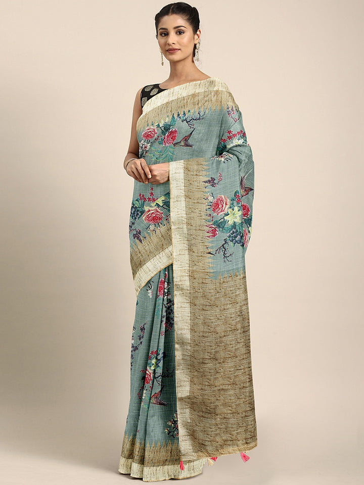 Neerus Green Printed Saree With Blouse