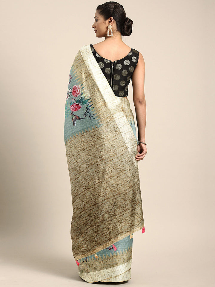 Neerus Green Printed Saree With Blouse