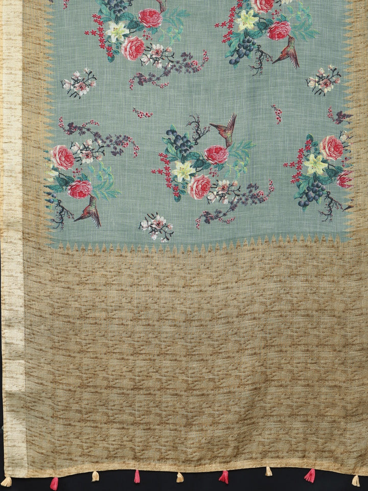 Neerus Green Printed Saree With Blouse