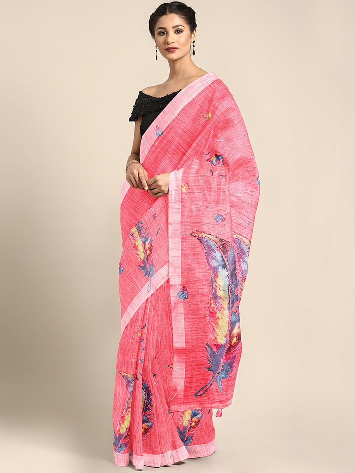 Neerus Pink Printed Saree With Blouse