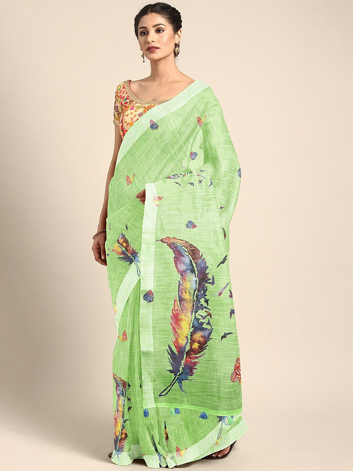 Neerus Green georgette printed saree with blouse piece - front view