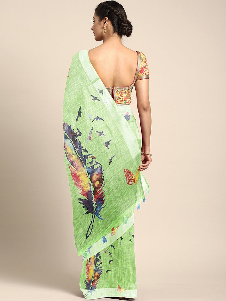 Neerus Green georgette printed saree with blouse piece - back view