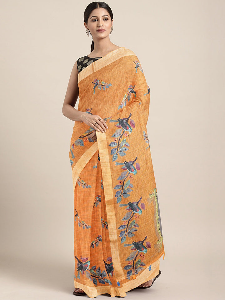 Neerus Orange Printed Saree With Blouse