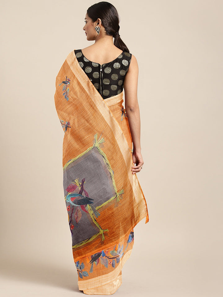 Neerus Orange Printed Saree With Blouse