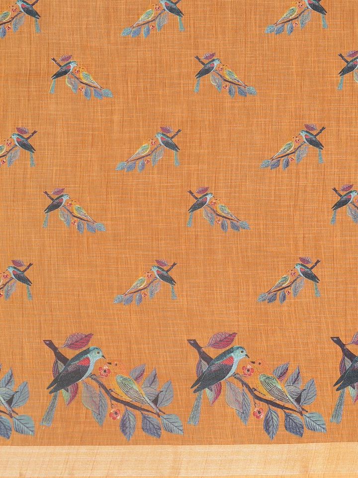 Neerus Orange Printed Saree With Blouse