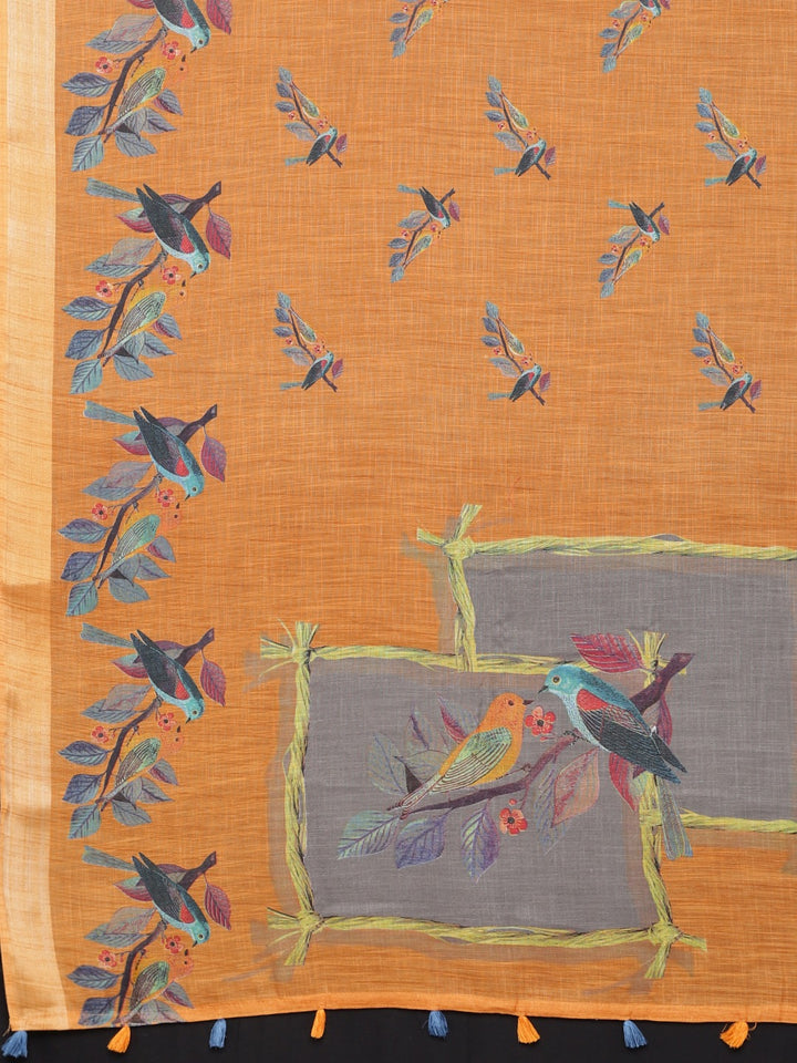 Neerus Orange Printed Saree With Blouse