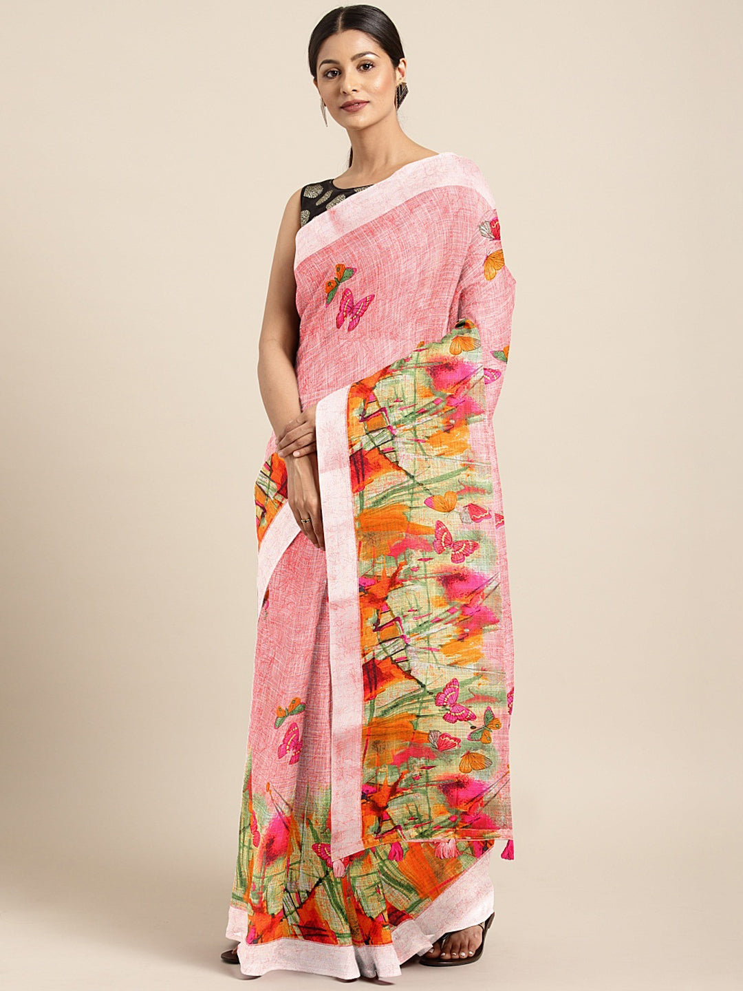 Neerus Pink Printed Saree With Blouse