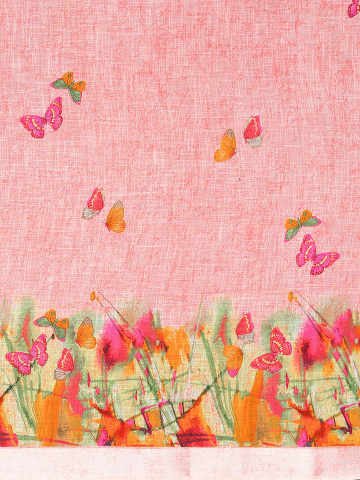 Neerus Pink Printed Saree With Blouse