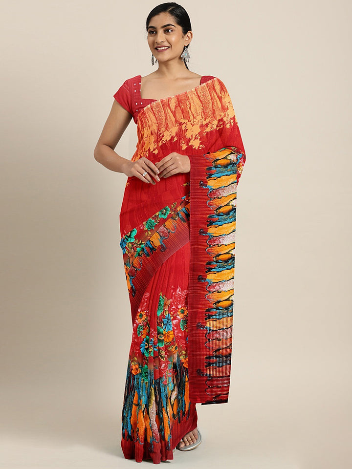 Neerus Red Printed Saree With Blouse