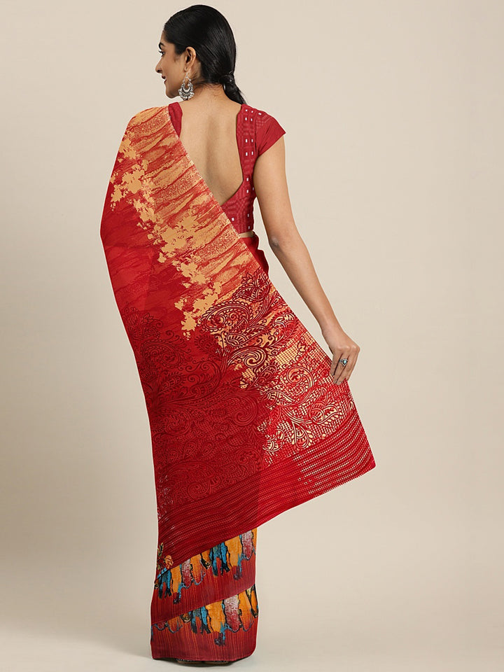 Neerus Red Printed Saree With Blouse
