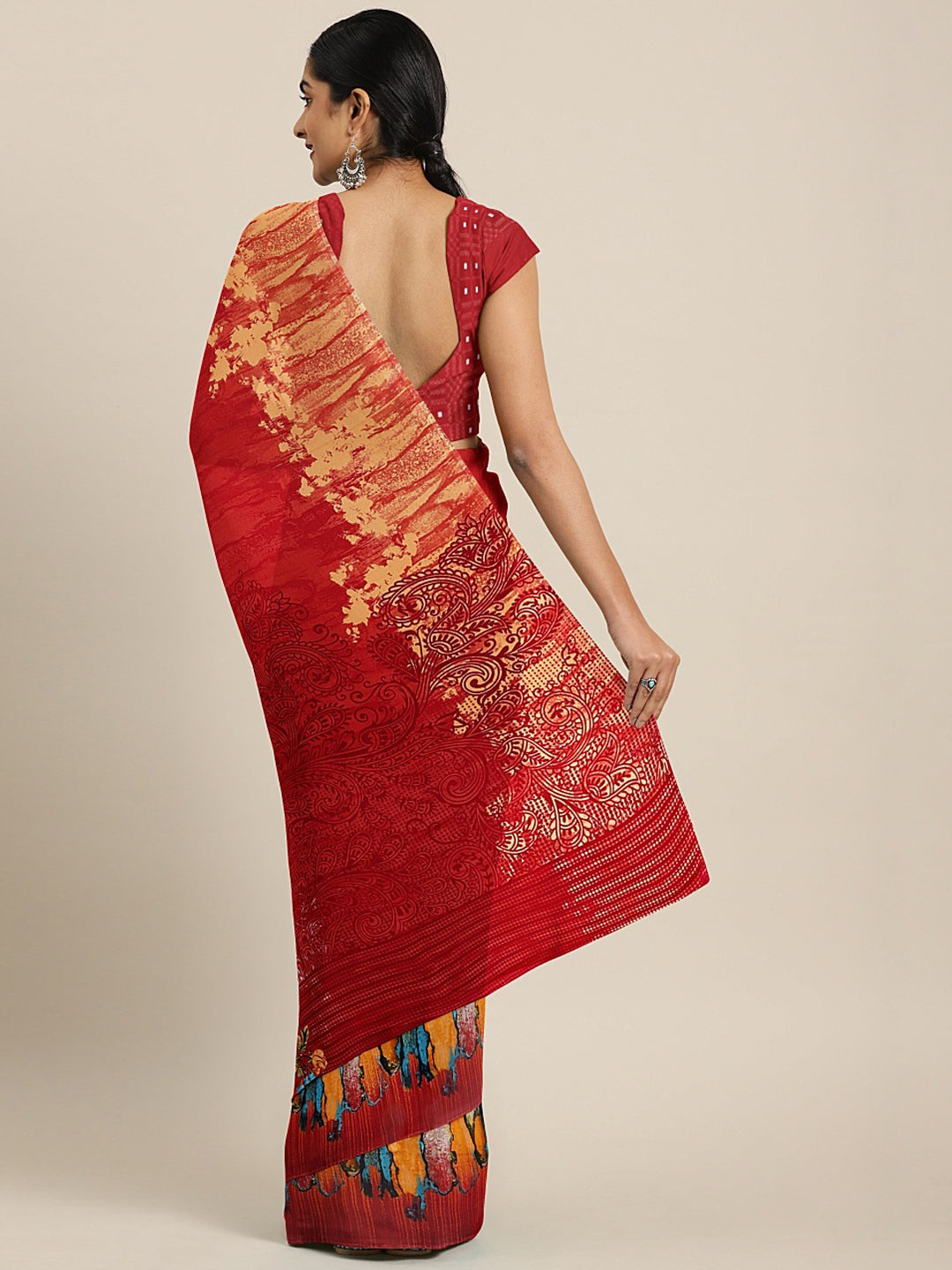 Neeru's Red Printed Saree With Blouse