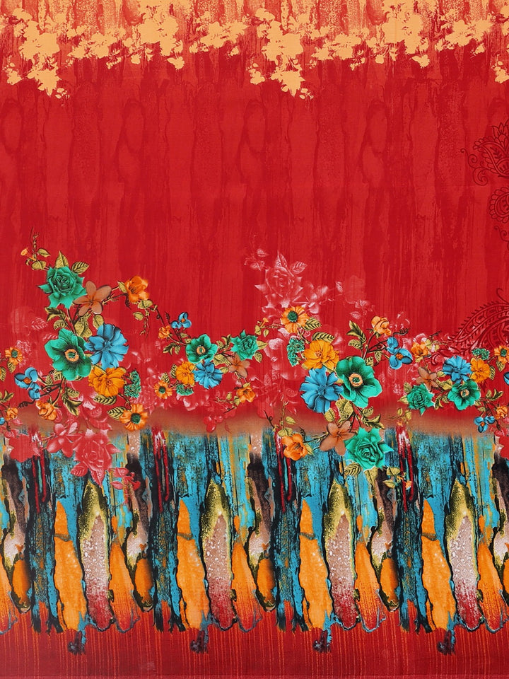 Neerus Red Printed Saree With Blouse