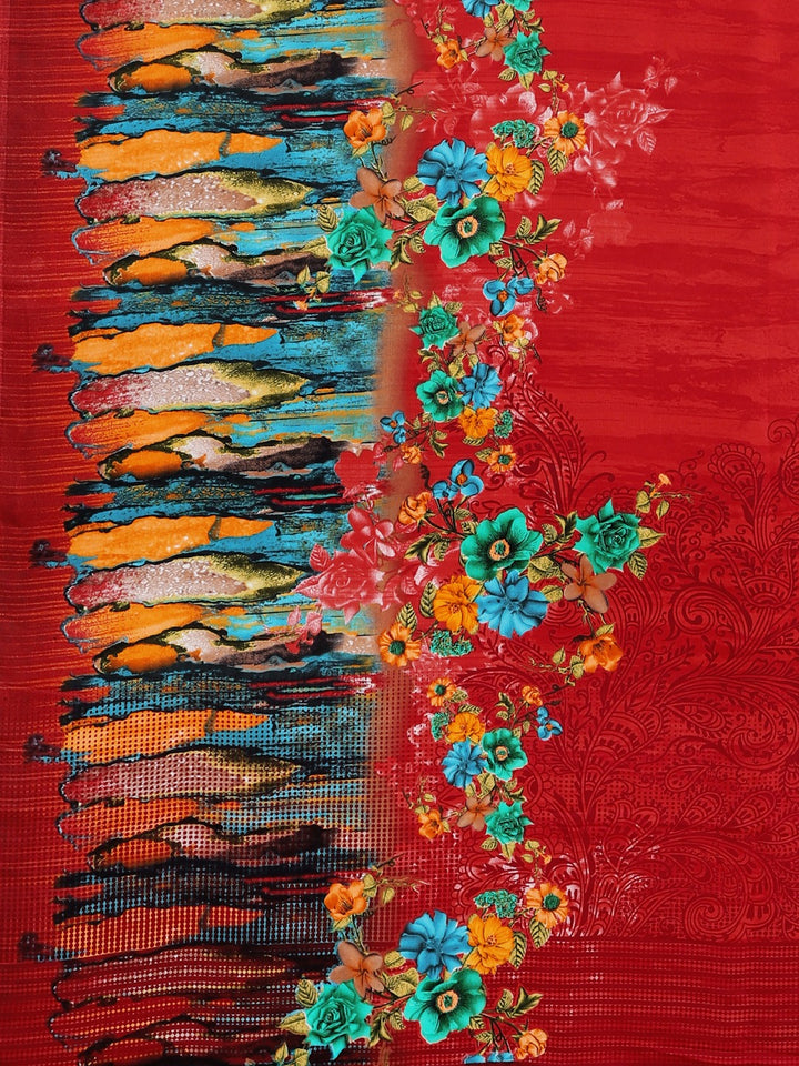 Neerus Red Printed Saree With Blouse