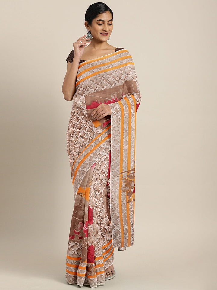 Neerus Beige Printed Saree With Blouse